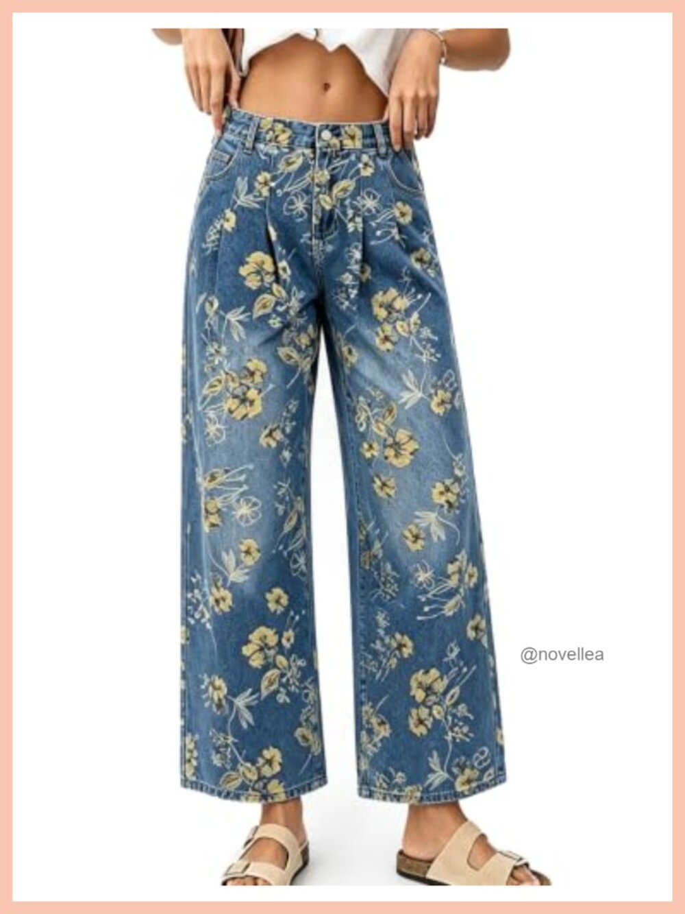 Pull On Floral Jeans for Women Elastic Waist Wide Leg Pants Casual Stretchy